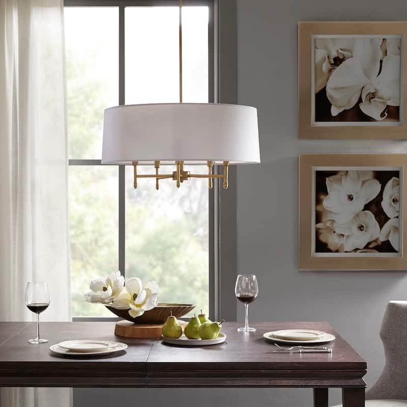 5-Light White Drum Shade Chandelier for living room,bedroom,and dining room - Gold