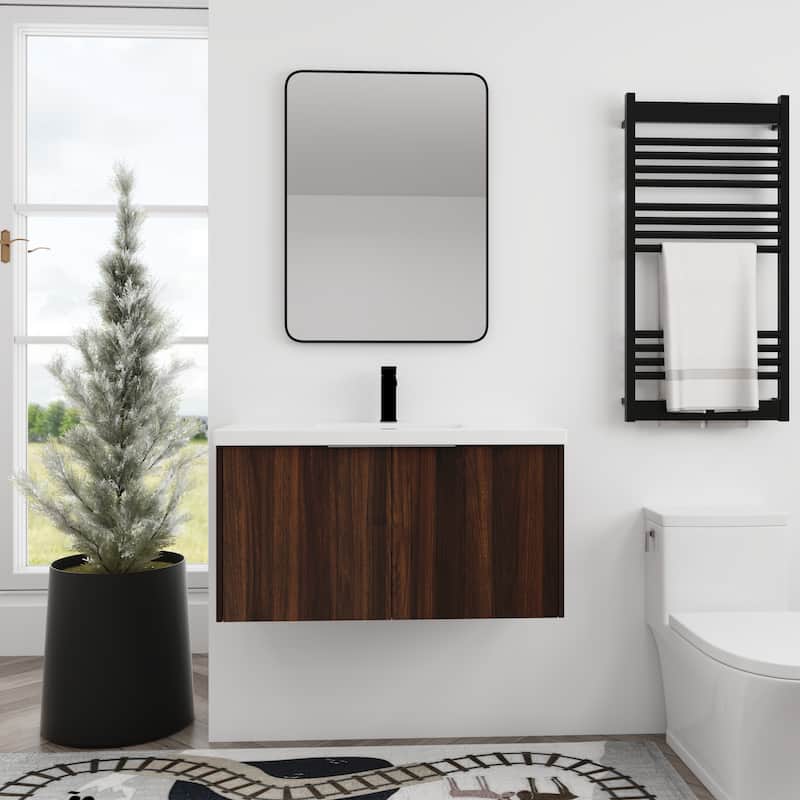 BNK 24"/30"/36" Single Sink Bathroom Vanity with Soft Close Door, Modern Floating Vanity - 35.4"W x 18.1"D x 19.3"H - California  Walnut