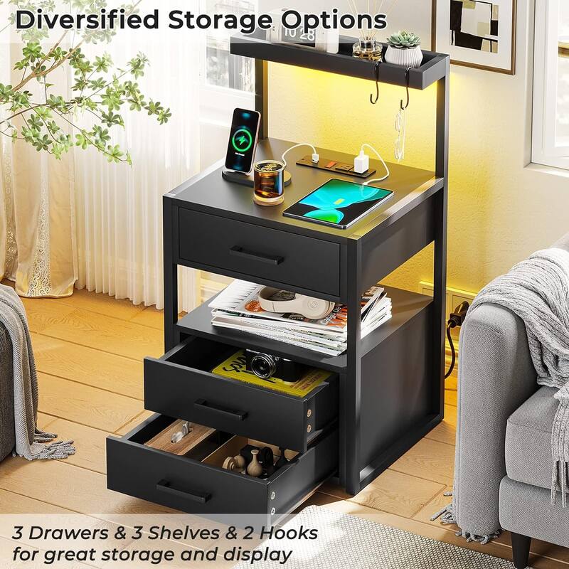 Nightstand Charging Station LED Lights End Table 3 Drawers