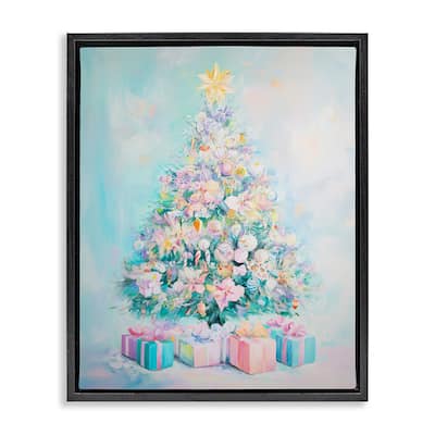 Stupell Pastel Christmas Tree on Blue Framed Floater Canvas Wall Art Design By Arlington Prints