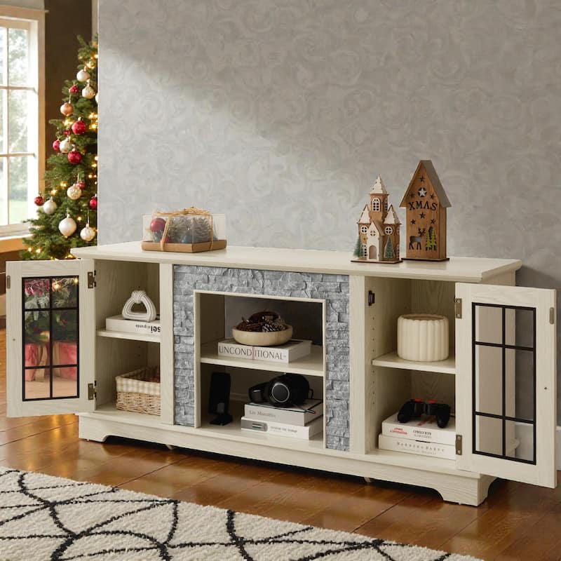 58" Modern TV Stand with Faux Stone Surround, Media Console Cabinet with 2 Doors and Shelves for TVs up to 75"