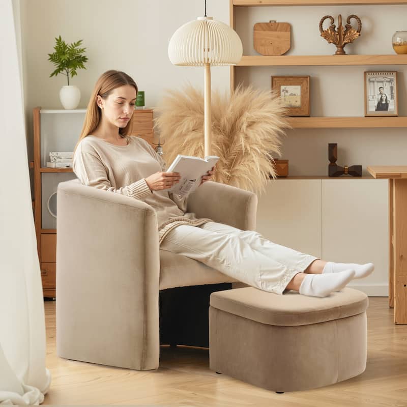 RENEWLINE Sherpa Barrel Chair & Storage Ottoman Set - Plush Compact Accent for Reading Nooks, Cloud-Like Lounge Seat