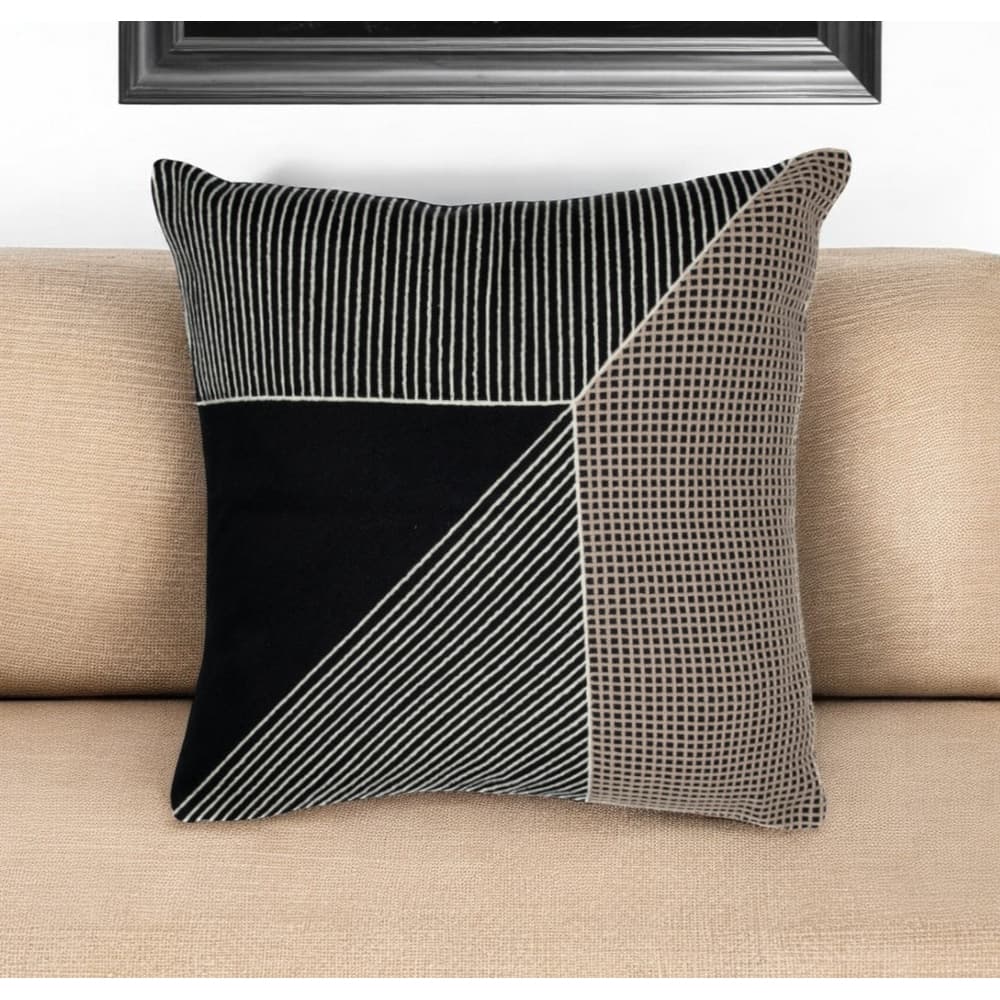 HomeRoots 20" Black and White Geometric Cotton Throw Pillow With Embroidery