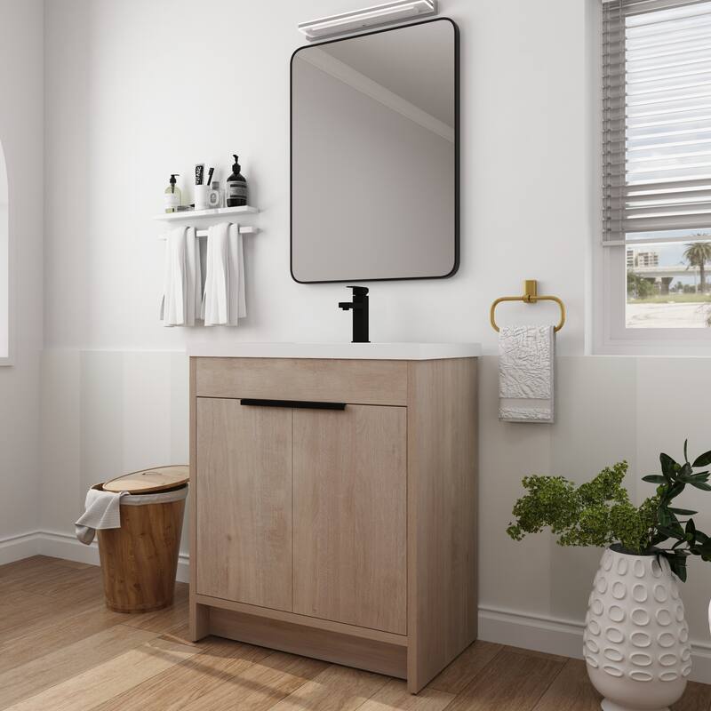 Freestanding Plywood Bathroom Vanity Set in Plain Light Oak with Integrated Sink