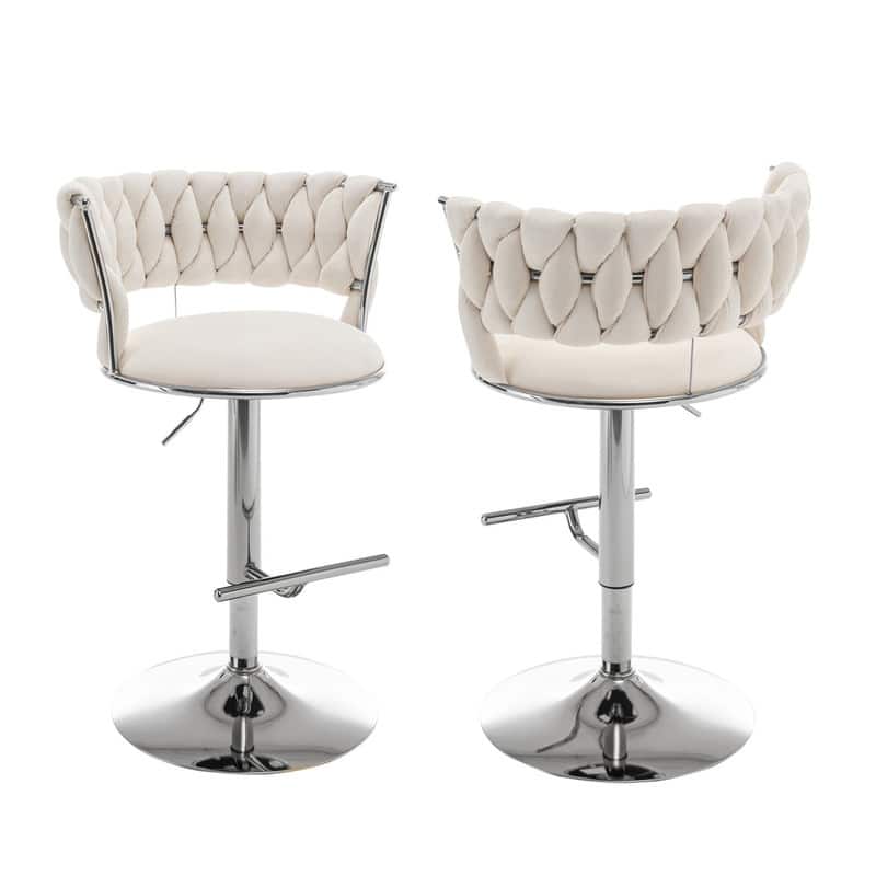 Best Quality Furniture Adjustable Velvet Barstools with Round Chrome Finish Base (Set of 2) - Cream / Silver