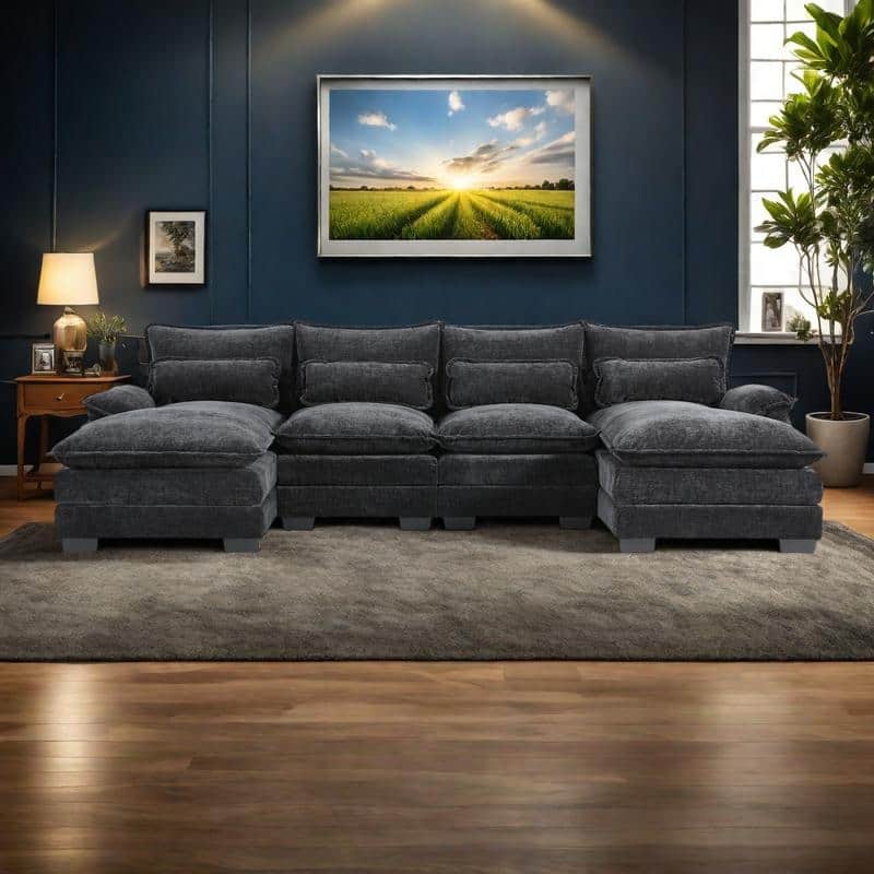 110" U-Shaped Chenille Sectional Sofa with 6-Seat Modular Cloud Couch and Chaise Lounge & Lumbar Pillows (330lb/Seat Capacity) - Black