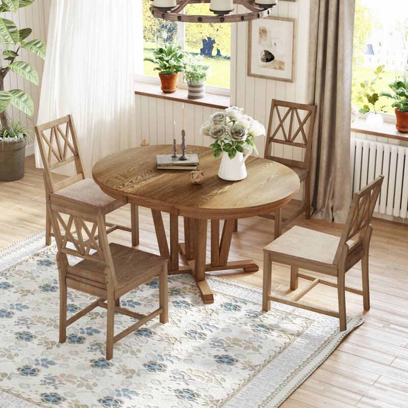 Rustic 5-Piece Extendable Dining Table Set with Round Trestle Table and 4 Cross Back Dining Chairs