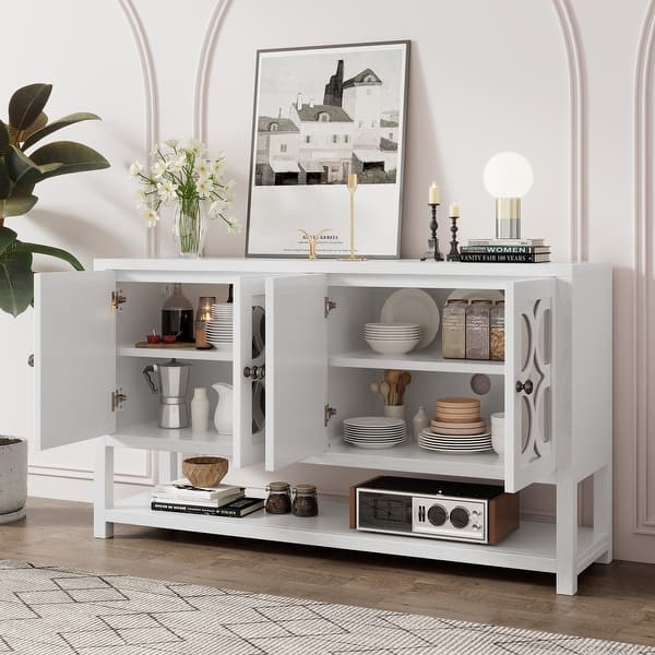 slide 2 of 20, Antique White Sideboard Storage Cabinet with Mirrored Doors & Open Storage Shelf, Console Table Display Case for Living Room Antique White
