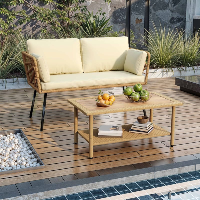 Moasis 2 Pieces Outdoor Wicker Bistro Patio Conversation Set with Loveseat and Side Table