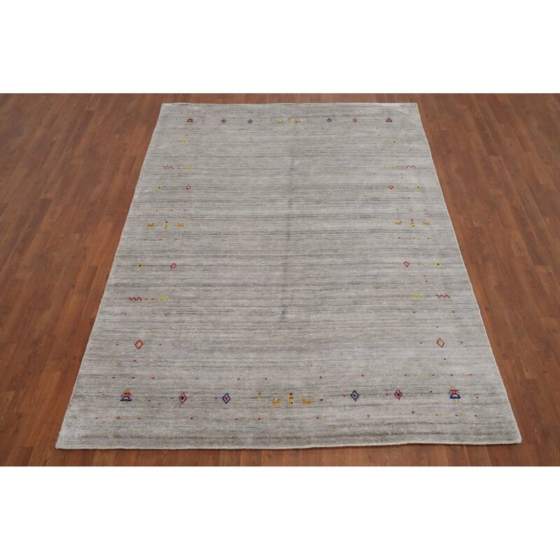 Hand Knotted Oriental Viscose Silk Carpet Tribal Animal Pictorial Greys & Charcoal Gabbeh Area Rug - 8' 8'' X 6' 2''