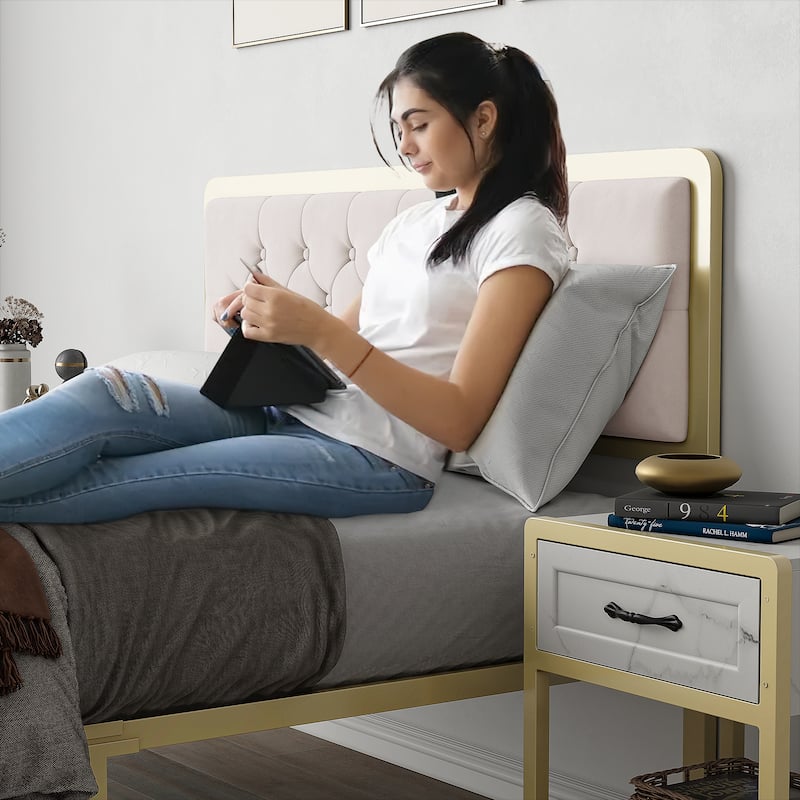 Upholstered Platform Bed Frame with Velvet Button-Tufted Headboard