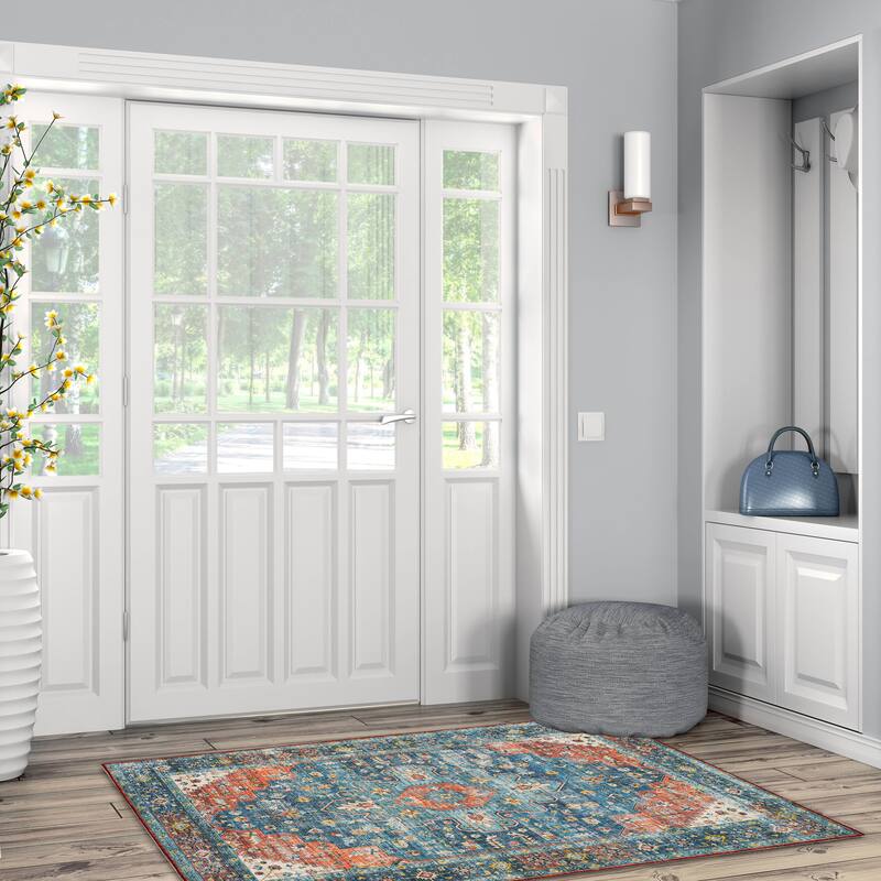 Markum Machine Washable Teal and Rust Area Rug