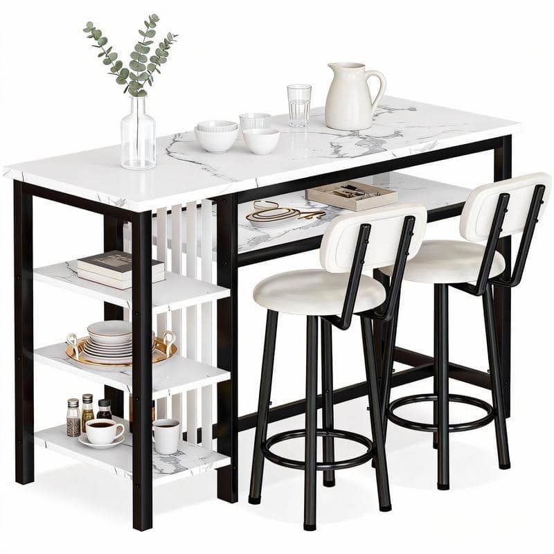 3-Piece Dining Room Table Set with 2 Upholstered Bar Stools, Modern Farmhouse Bar Table Set for 2 with Multiple Tier Shelves