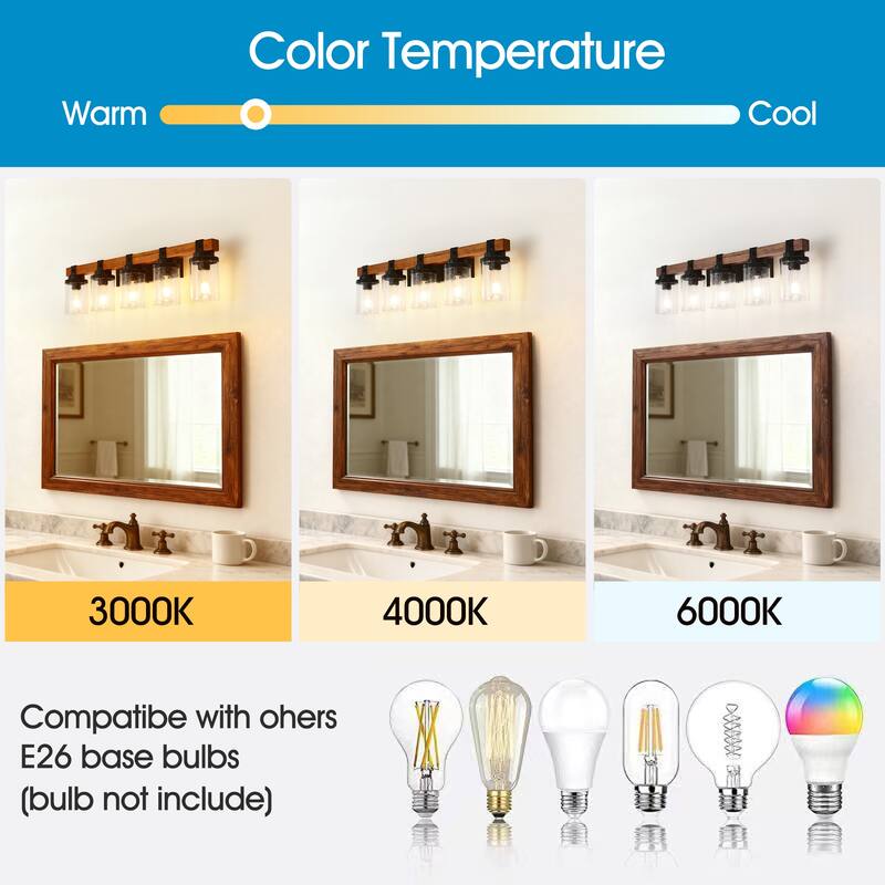 5-Light Matte Black +Wood Wall Lamps with Glass Lamp Shades (No Bulbs) For Bathroom Kitchen Dinning Room