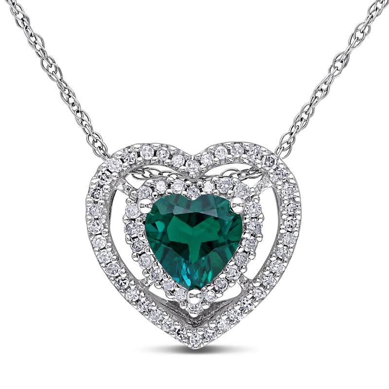 Miadora 10k White Gold Created Emerald and 1/5ct TDW Diamond Heart Necklace (H-I, I2-I3) - Green