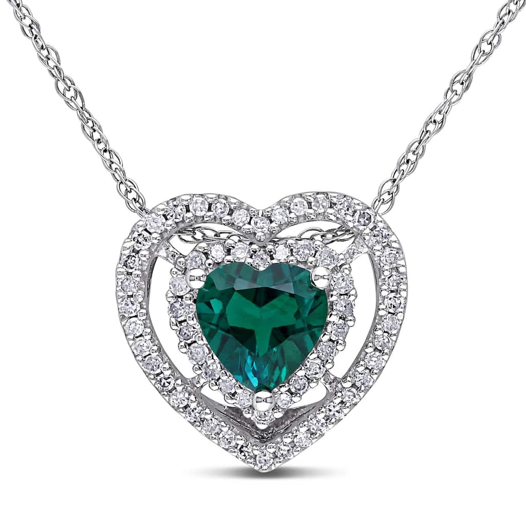 Miadora 10k White Gold Created Emerald and 1/5ct TDW Diamond Heart Necklace (H-I, I2-I3) - Green