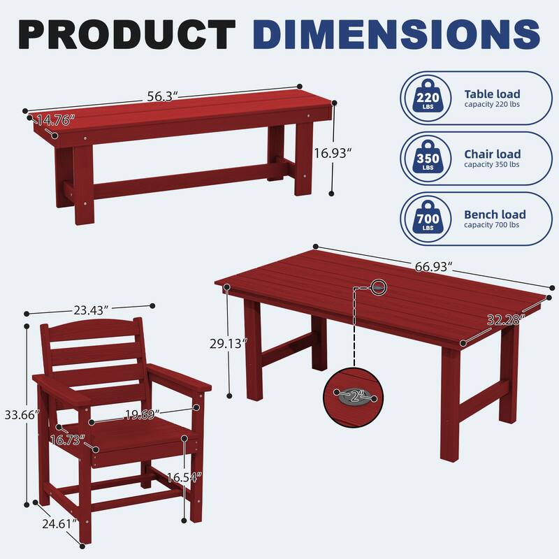 6-Piece HDPE Outdoor Dining Table Sets with Umbrella Hole - 1-Table 4-Chairs-1-Bench