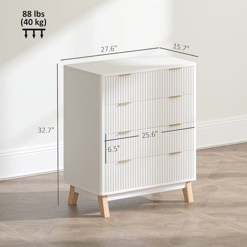 HOMCOM Fluted Dresser for Bedroom with 4 Drawers, 28" Wide Chest of Drawers with Gold Finger Pulls and 4 Wood Legs, Natural Wood