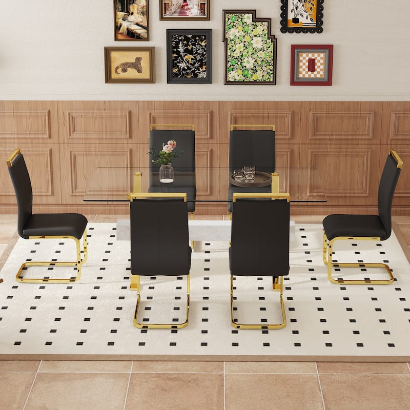 9-Piece Glass Dining Table Set for 8, 71" Rectangular Table with Gold Metal Base, 8 PU Dining Chairs for Kitchen, Dining Room