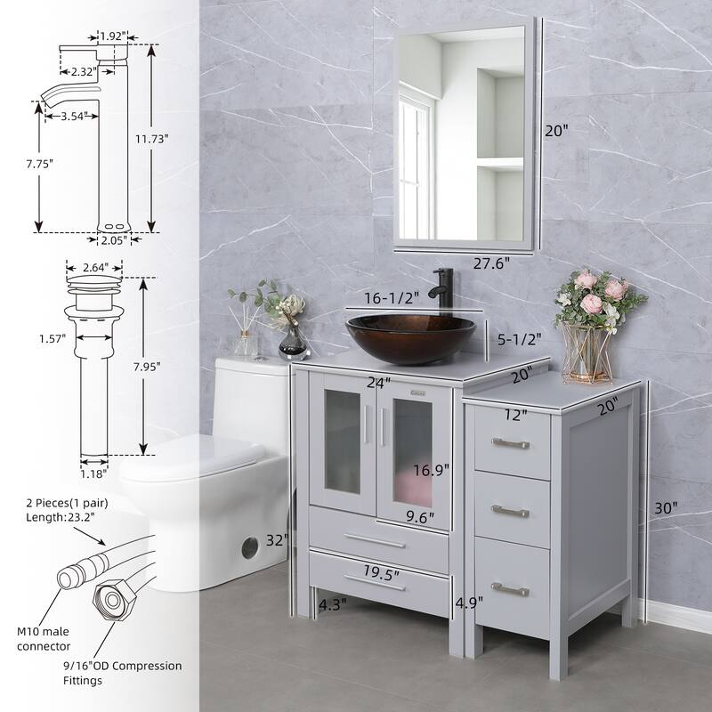36" Bathroom Vanity Sink Gray Set with Side Cabinet Vessel Sink Mirror Faucet Combo