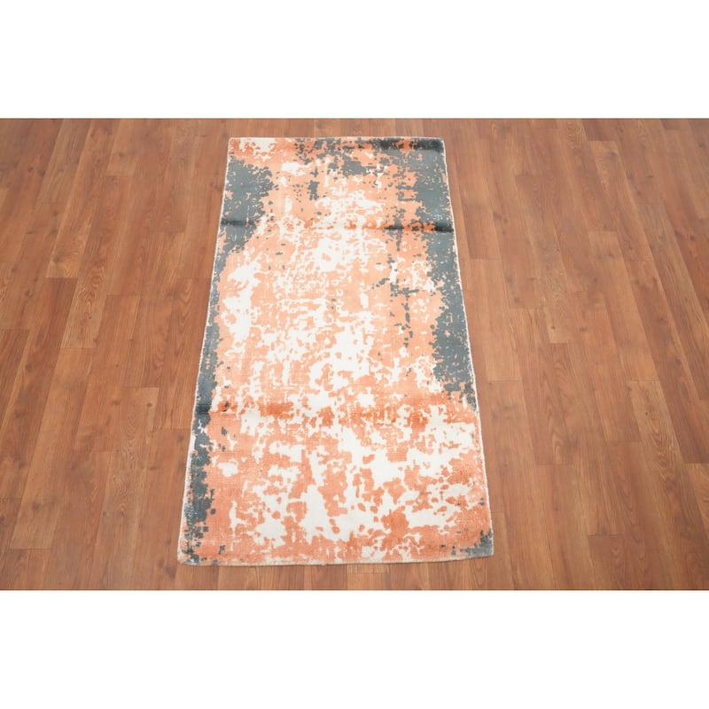 Hand Knotted Oriental Viscose Silk Carpet Modern Abstract Oranges & Rust Abstract Area Rug - 4' 0'' X 2' 0''