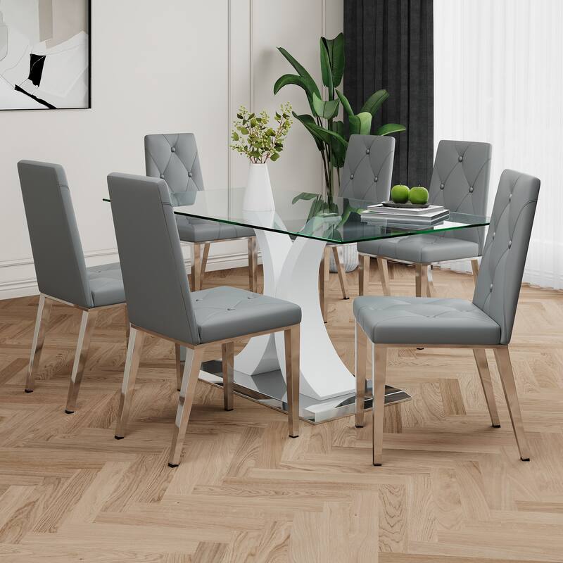 Modern Style Glass Table,Durable Support Base,Dining Chair Set For Restaurant Kitchens(Set of 7) - Grey