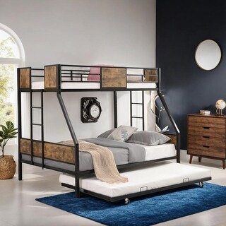 Metal Twin over Full Bunk Bed with Trundle, 2-Side Ladder and Full-Length Guardrail, Large Under Bed Storage, Black & Brown