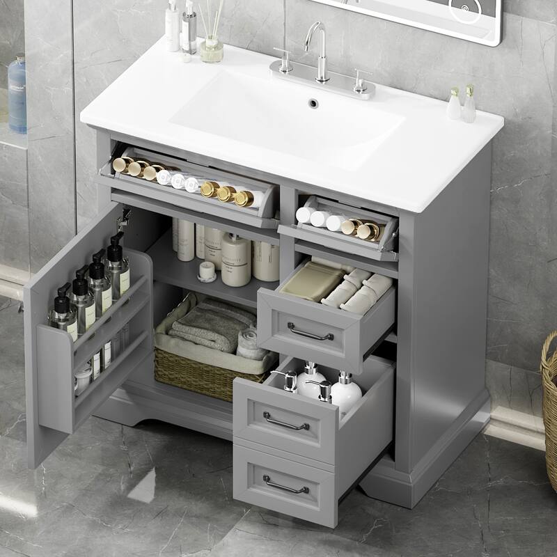 Roomfitters 36" Bathroom Vanity with Ceramic Sink, 2 Tip-out Drawers and Smart Storage Organizer