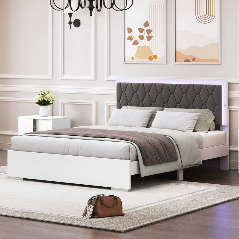 Modern Queen Bed with Diamond Quilting and LED Lighting