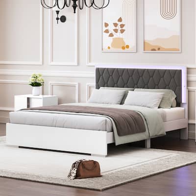 Queen Size Velvet Bed with LED Light and Headboard
