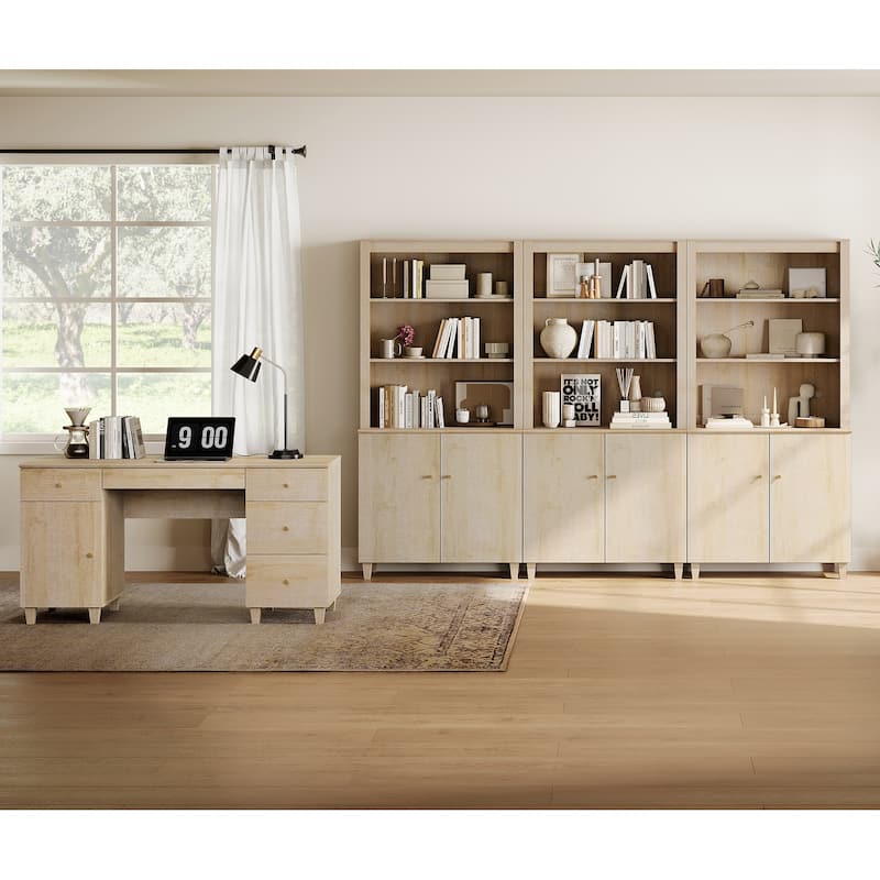 WAMPAT Home Office Furniture Set, 58" Executive Desk with Cabinet, 3-Column 71" Tall Bookcase with Doors and Adjustable Shelves