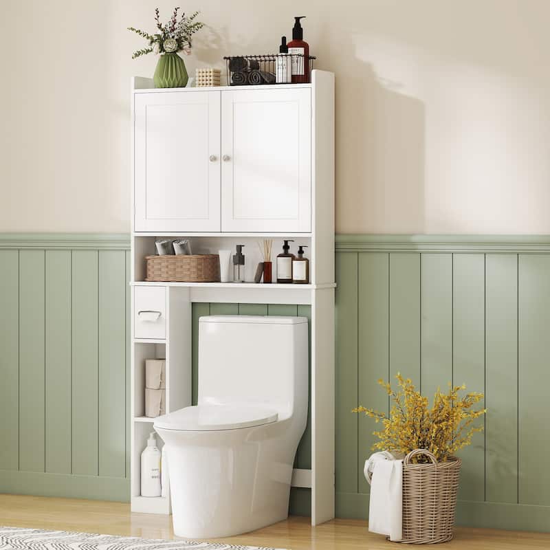 MDF Over Toilet Storage Cabinet with Doors and Adjustable Shelf - 31.5" W x 7.7" D x 66.9" H - White