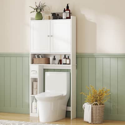 MDF Over Toilet Storage Cabinet with Doors and Adjustable Shelf - 31.5" W x 7.7" D x 66.9" H