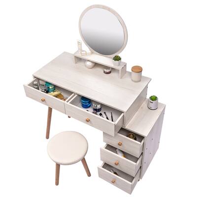 Vanity Table with Cushioned Stool, Large Capacity Storage Cabinet, 5 Drawers, Large Round Mirror, Fasionable Furniture