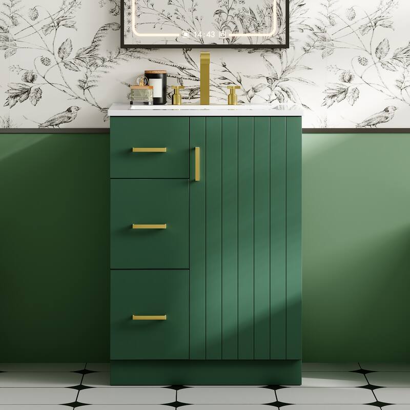 GDFStudio - Elmbrook Modern Bathroom Vanity with Ceramic Sink and 2 Storage Drawers & Soft-Closing Door - 24'W - Green
