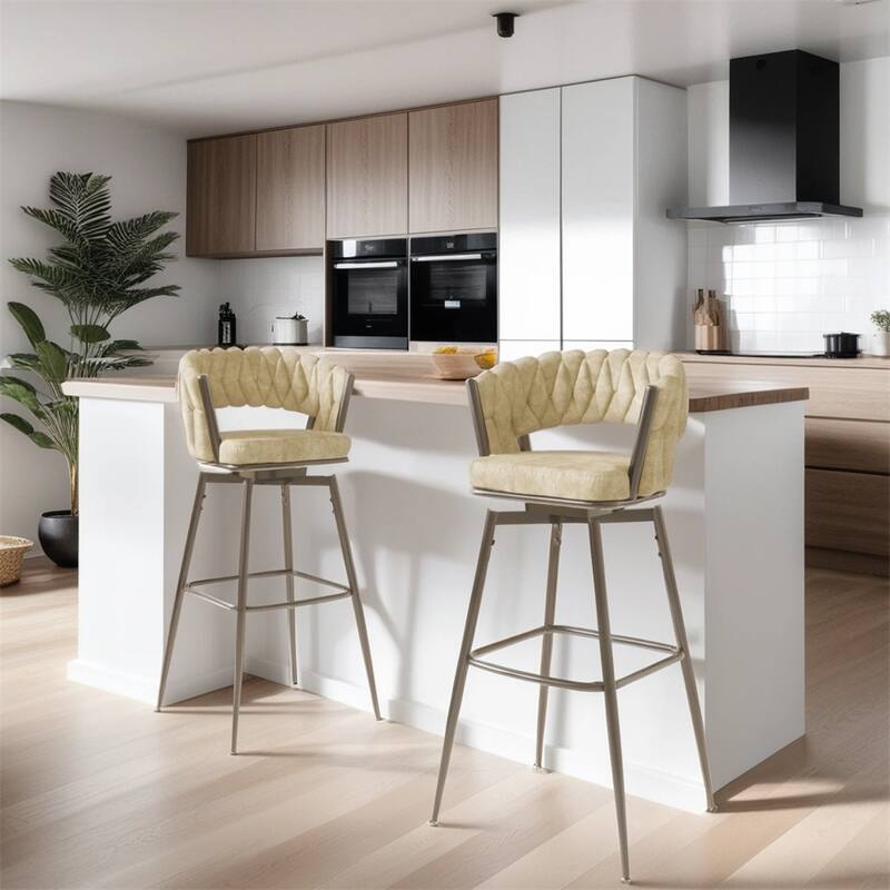 Swivel Upholstered Bar Stools with Back Footrest (Set of 2) - N/A