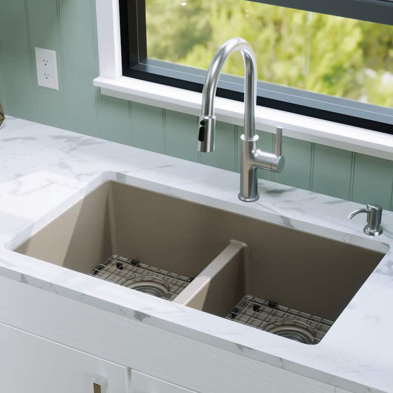 Karran 32" Undermount Double Equal Bowl Quartz Kitchen Sink Kit - 32" x 19.5" x 9"