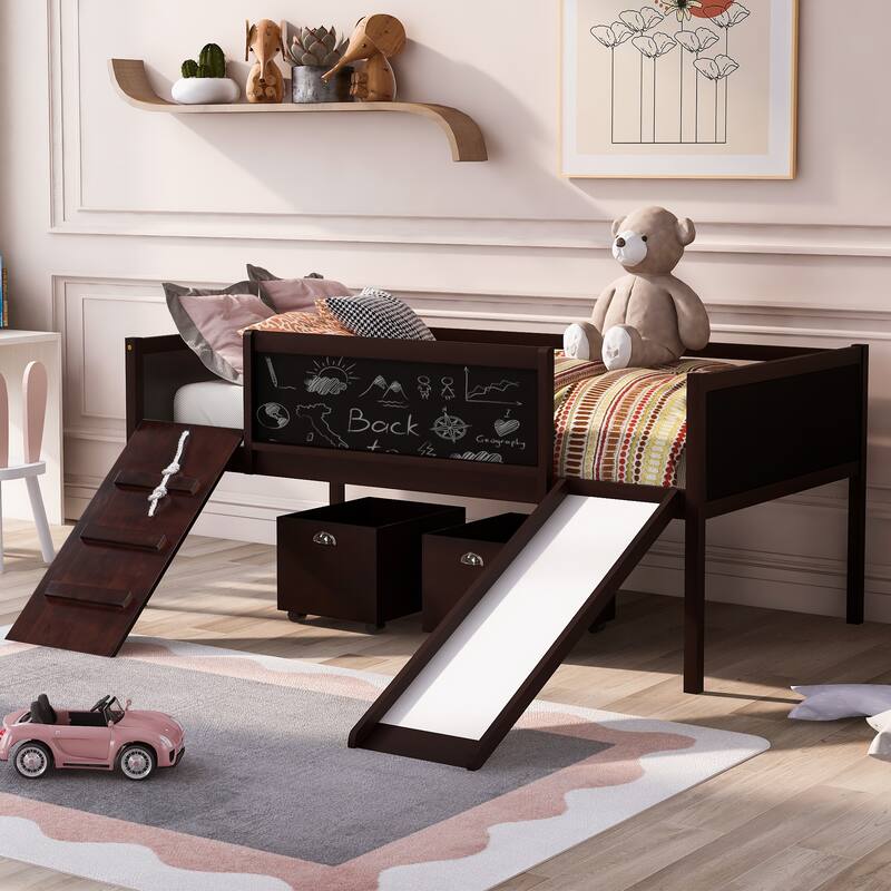 Twin Pine Loft Bed with Storage Boxes and Slide - Espresso