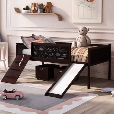 Twin Size Espresso Wood Loft Bed with Storage Boxes and Slide