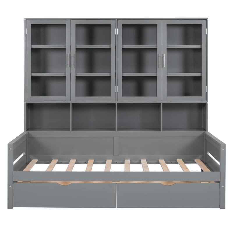 Twin Size Wooden Daybed with Glass-Door Storage, LED Lighting, and Shelves, Gray