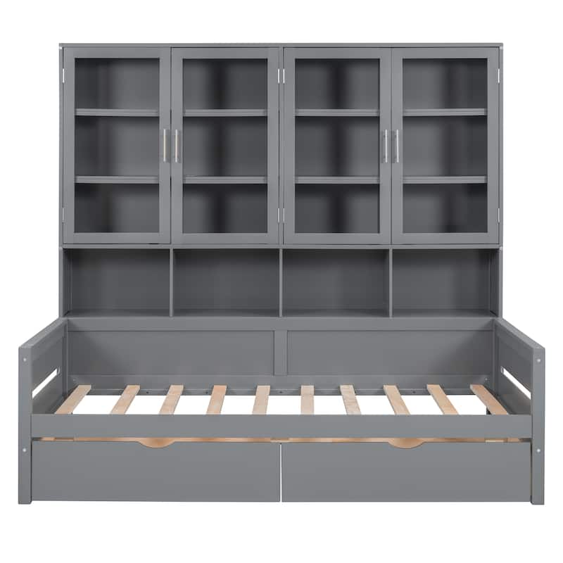 Twin Size Wooden Daybed with Glass-Door Storage Cabinets, Built-in LED Lighting and Shelves