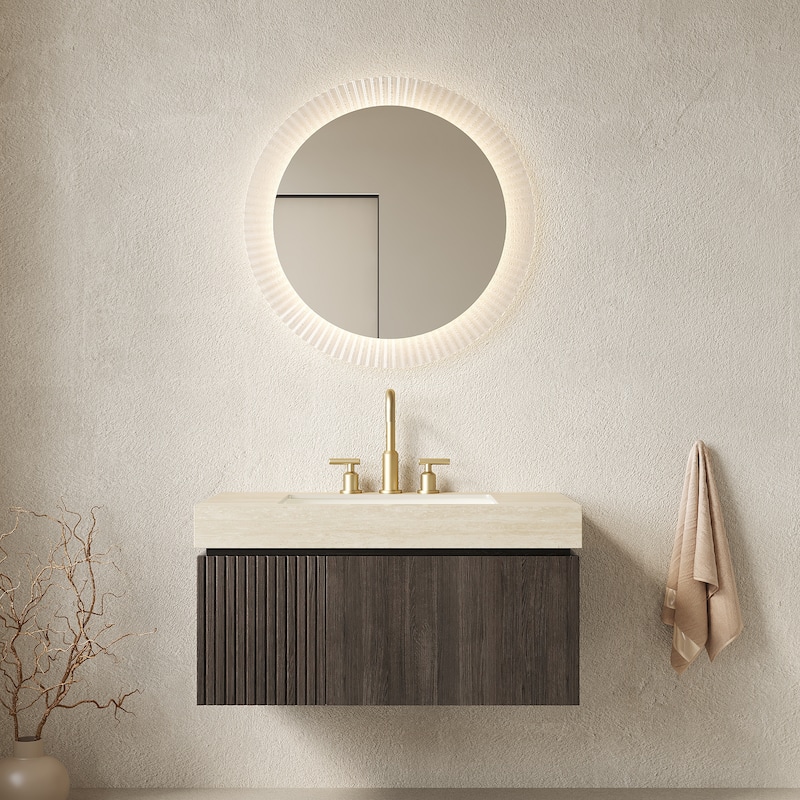 Floating Bathroom Vanity with Undermount Ceramic Basin with 3 Pre-drilled Faucet Holes - Beige and Espresso - 35.83'' x 18.9'' x 17.72''