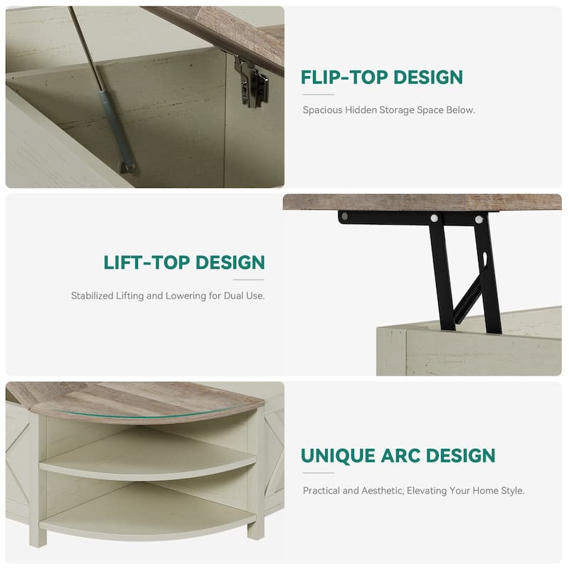 Moasis Lift Top Coffee Table with Storage Shelves, Quarter Circle Center Table for Living Room