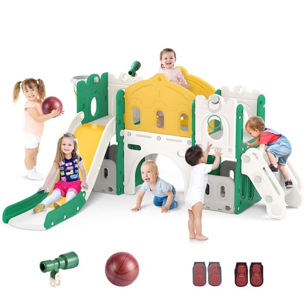 slide 2 of 10, 8 in 1 Green+Yellow Toddler Slide, Kids Slide for Toddlers Age 1-3, Outdoor Indoor Slide Playset Toddler Playground