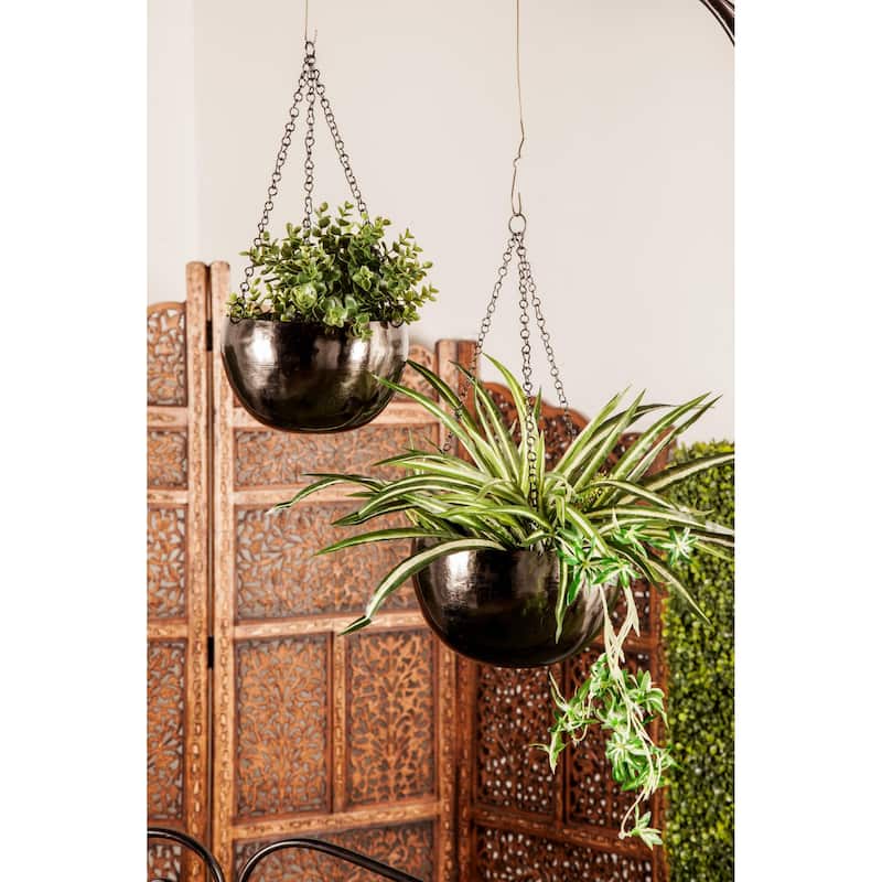 Metal Hanging Dome Indoor Outdoor Wall Planter with Chain - Set of 2 Silver, Gold or Black - Roche River Decor