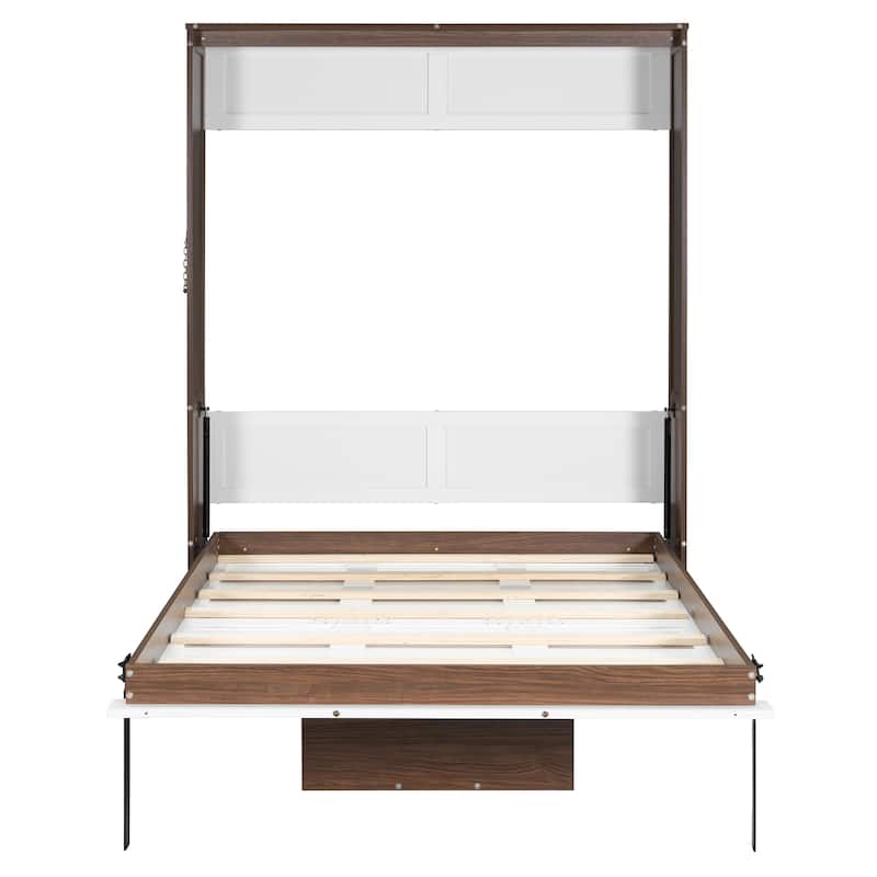 Full Size Murphy Bed Hidden Wall Cabinet Bed with Foldable Desk, Wooden Foldable Vertical Cabinet Bed Frame