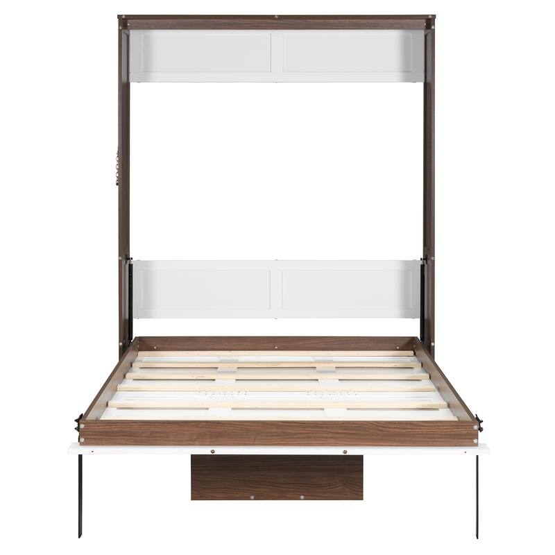 Full Size Wall Bed with Foldable Desk - Space Saving Solution in Walnut & White