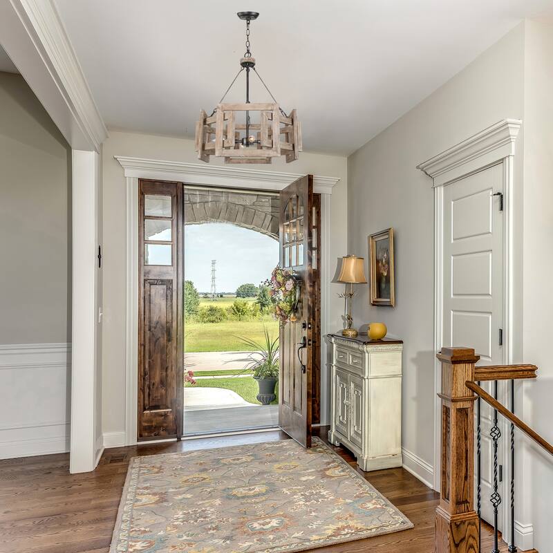 Rustic Farmhouse 4-light Solid Wood Drum Cage Chandelier Kitchen Dining Room Foyer Lighting - 20" D x 22.5" H