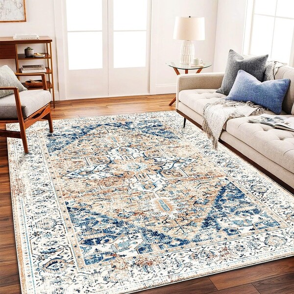 Washable Vintage Floral Area Rug Non-Slip Thin Rug for Living Room