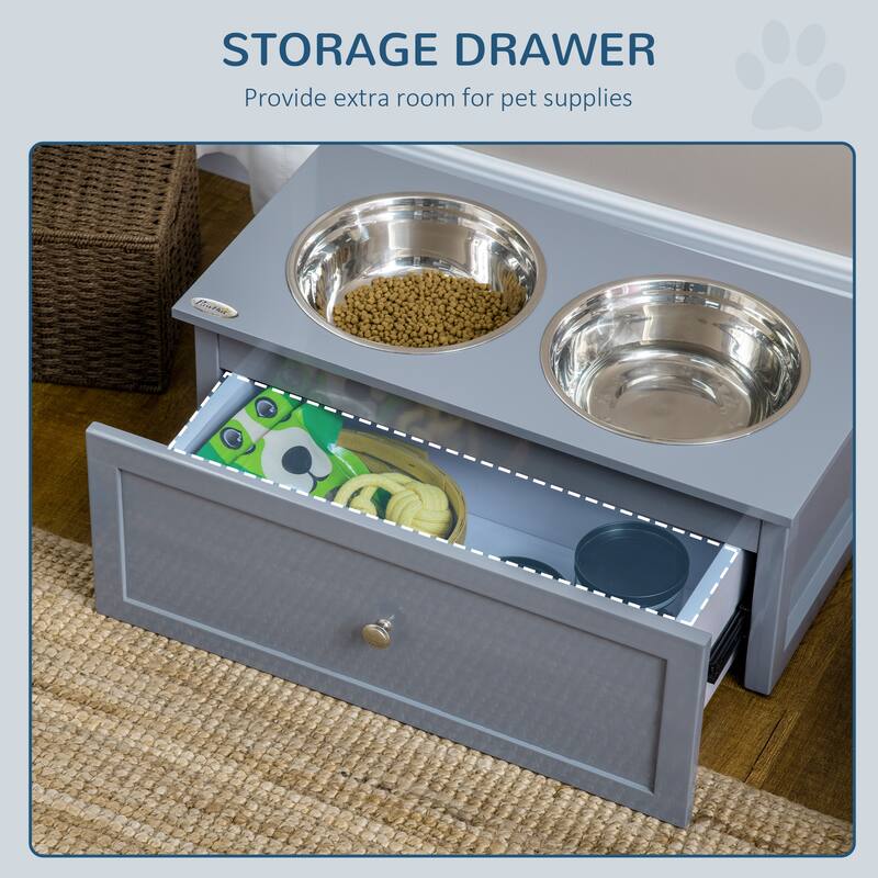 Elevated Dog Bowls, Raised Dog Bowl Stand with Storage, 2 Stainless Steel Bowls, Pet Feeding Station for Medium Dogs - Grey
